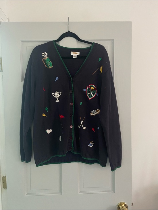 Talbots Sweaters - Talbots Navy Embroidered Golf-Themed Cardigan with Green Trim